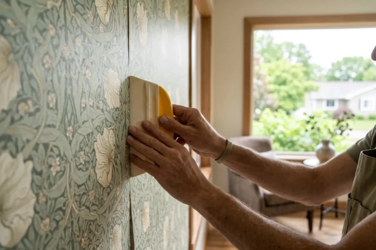 Installer pressing a wallpaper seam flat with a smoothing tool